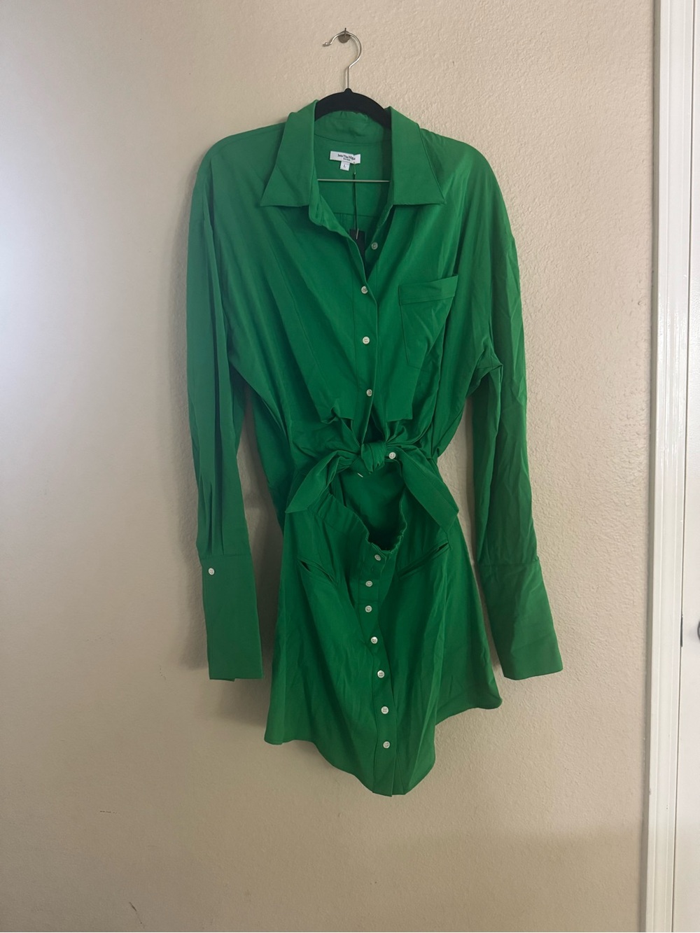 Green Tie-Waist Mini Shirt Dress